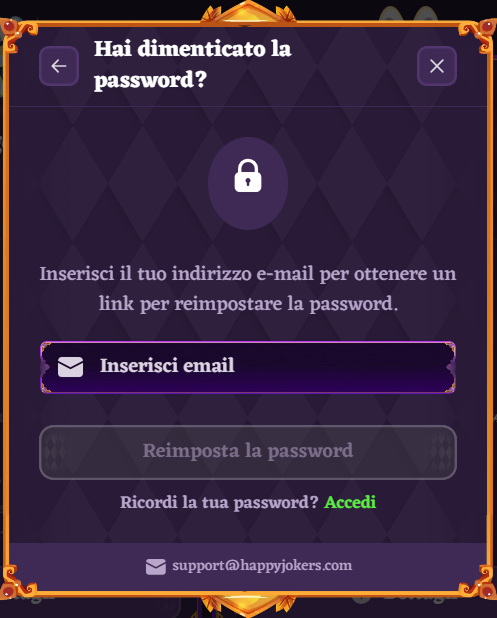 Schermata di recupero password di HappyJokers con campo email