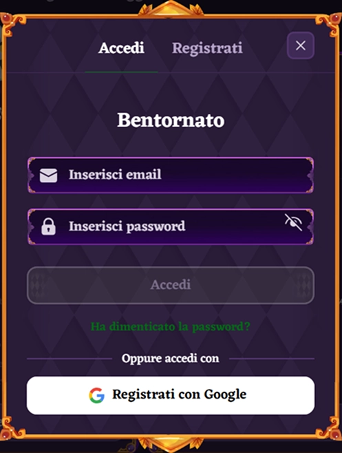 Bentornato! Inserisci email e password per accedere o registrati con Google