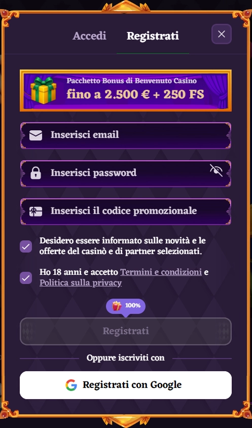 Registrazione al casinò HappyJokers con campi email, password e bonus
