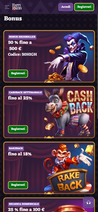 Happy Jokers Casino bonus banner con bonus highroller, cashback e rakeback
